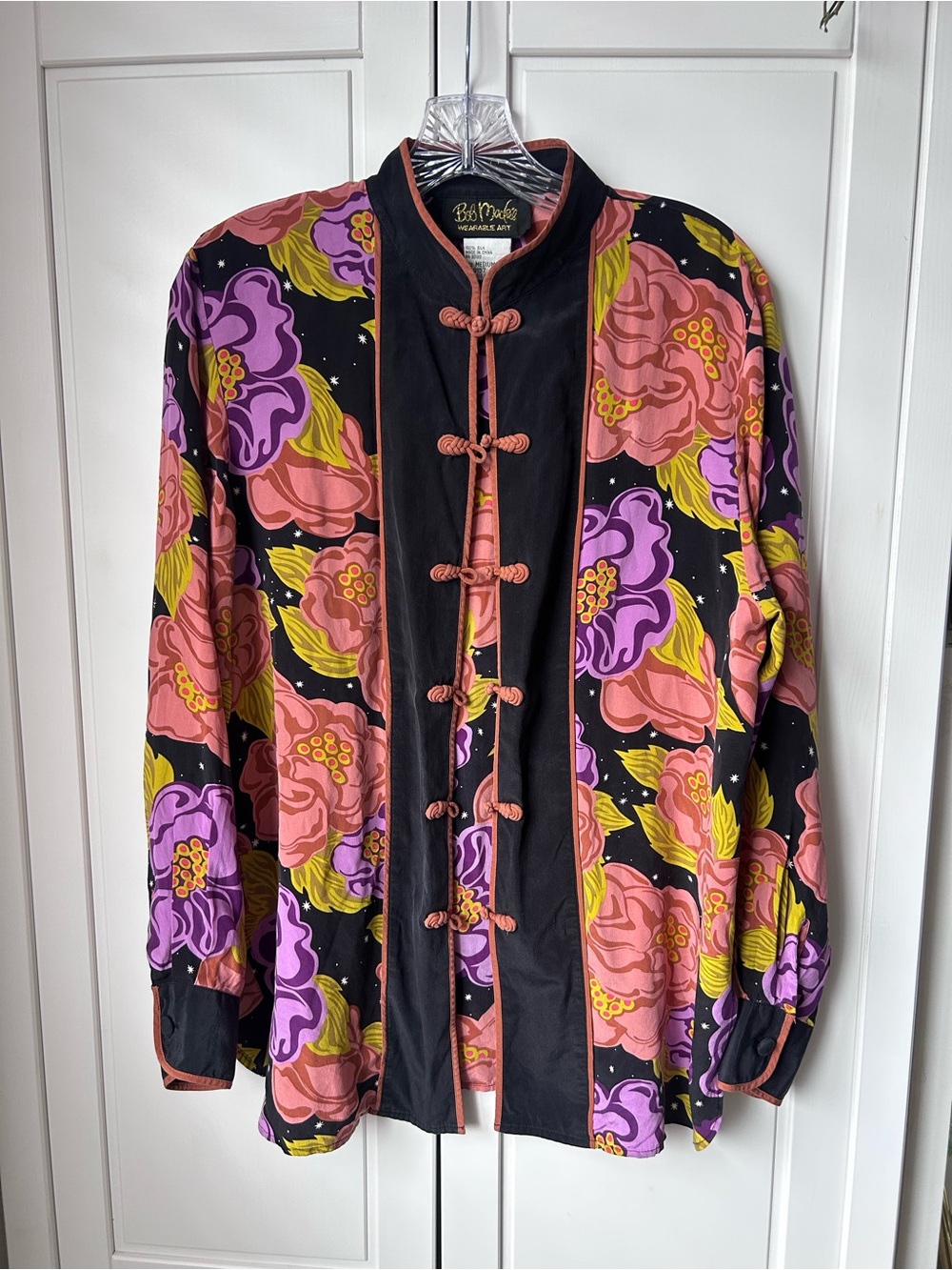 Bob Mackie Black Floral Mandarin-Style Blazer with Pink & Purple Blooms